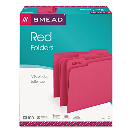Smead Pressboard Folder, 1/3-Cut Tab, Red, PK100 12743